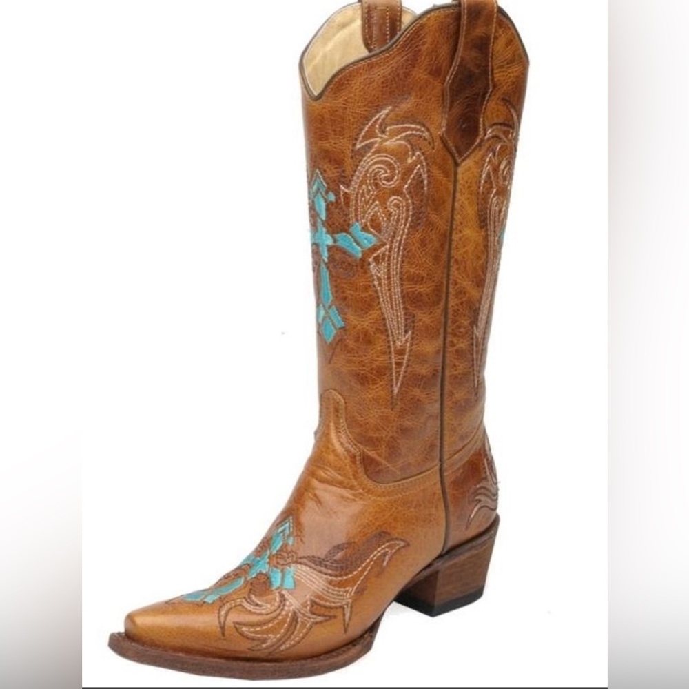 Women's Circle G by Corral Cognac & Turquoise-Beige Wing & Cross Boots